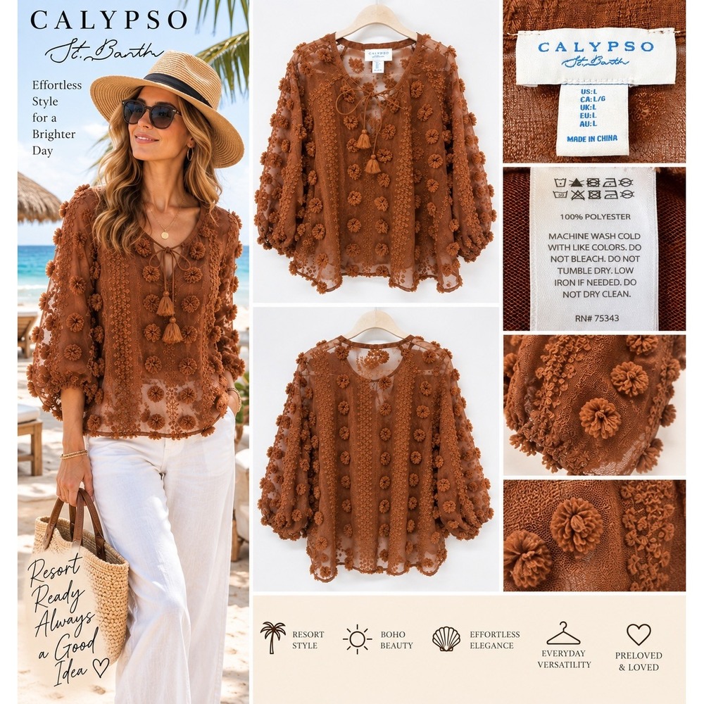Calypso St. Barth Women's Large Brown Sheer Blouse 3D Floral Tassel Boho Granola